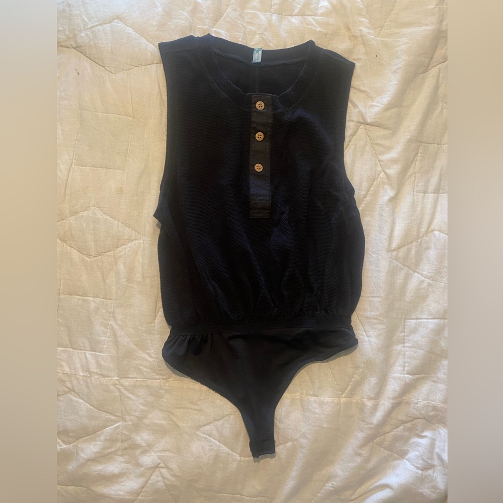 Free People Black Waffle Knit Bodysuit